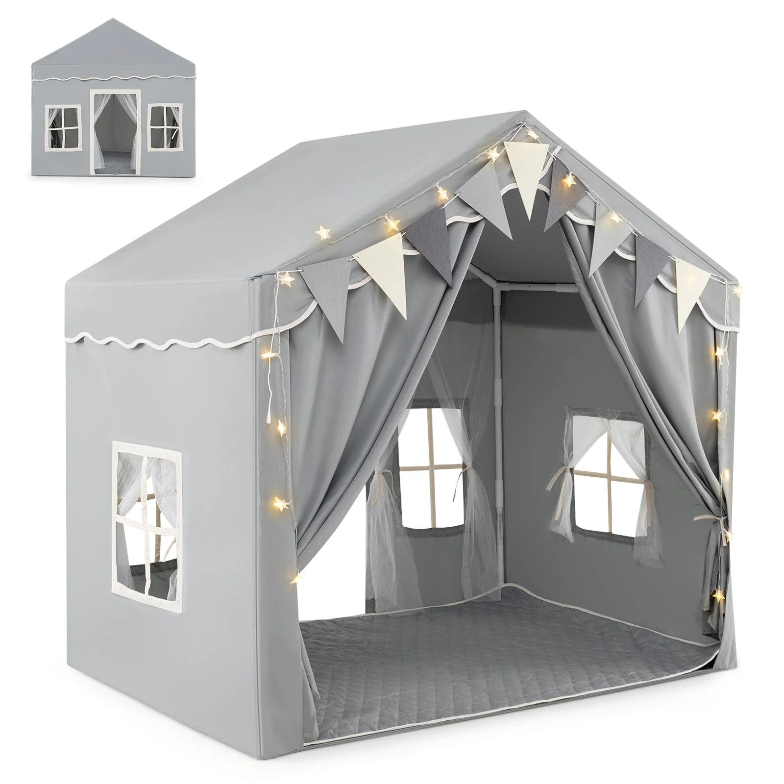 3-4 Kids Large Play Tent House with 2 Opening Doors and Star Lights-Gray - Image 3