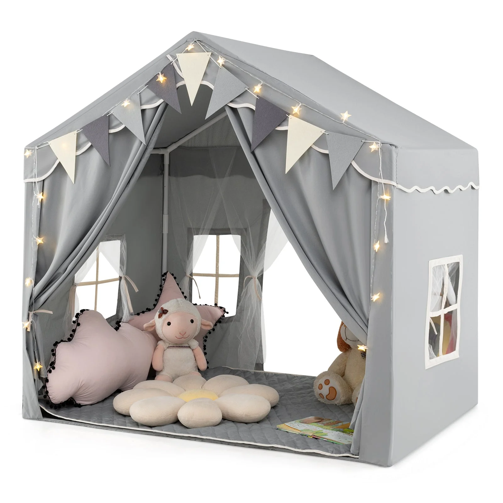 3-4 Kids Large Play Tent House with 2 Opening Doors and Star Lights-Gray - Image 4
