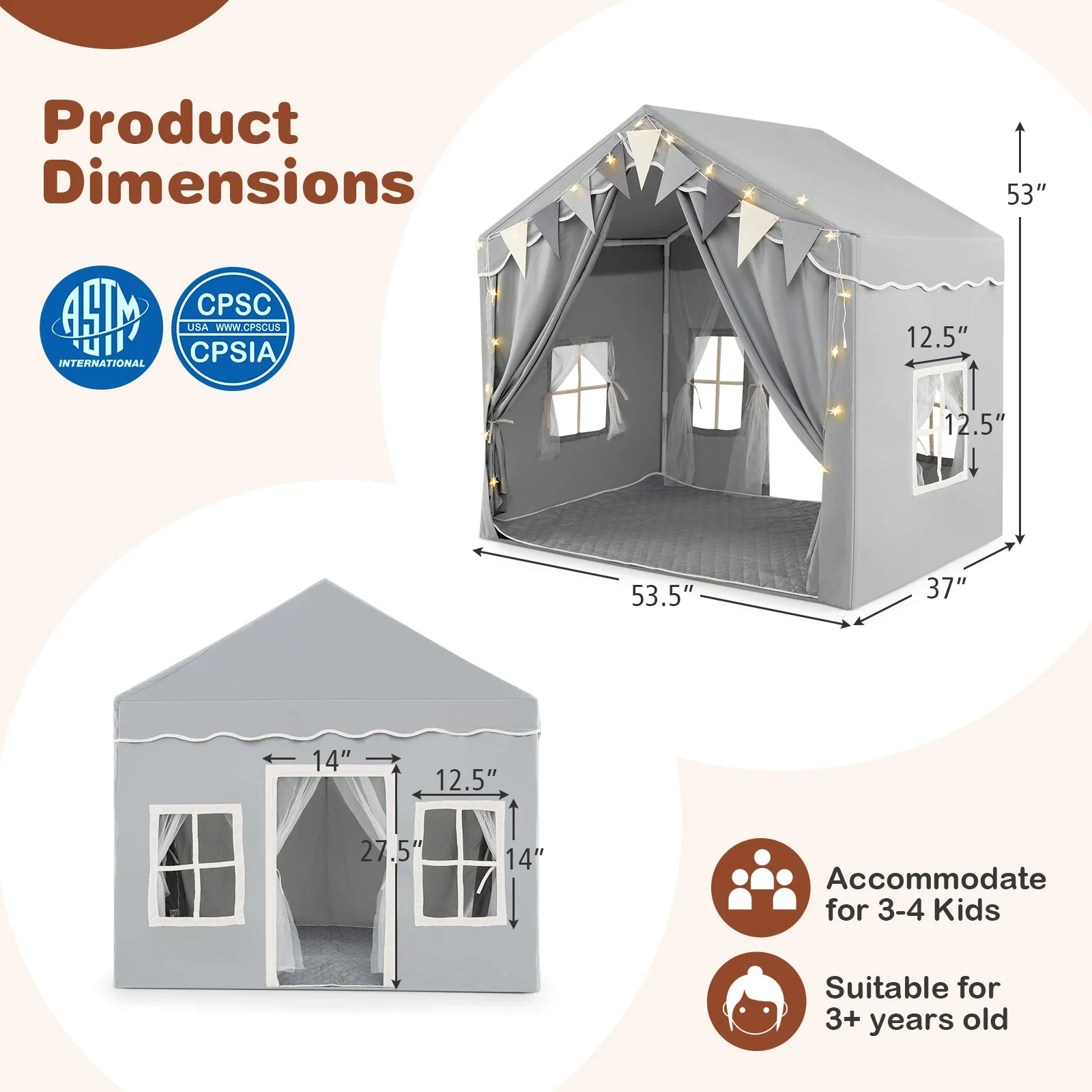 3-4 Kids Large Play Tent House with 2 Opening Doors and Star Lights-Gray - Image 5