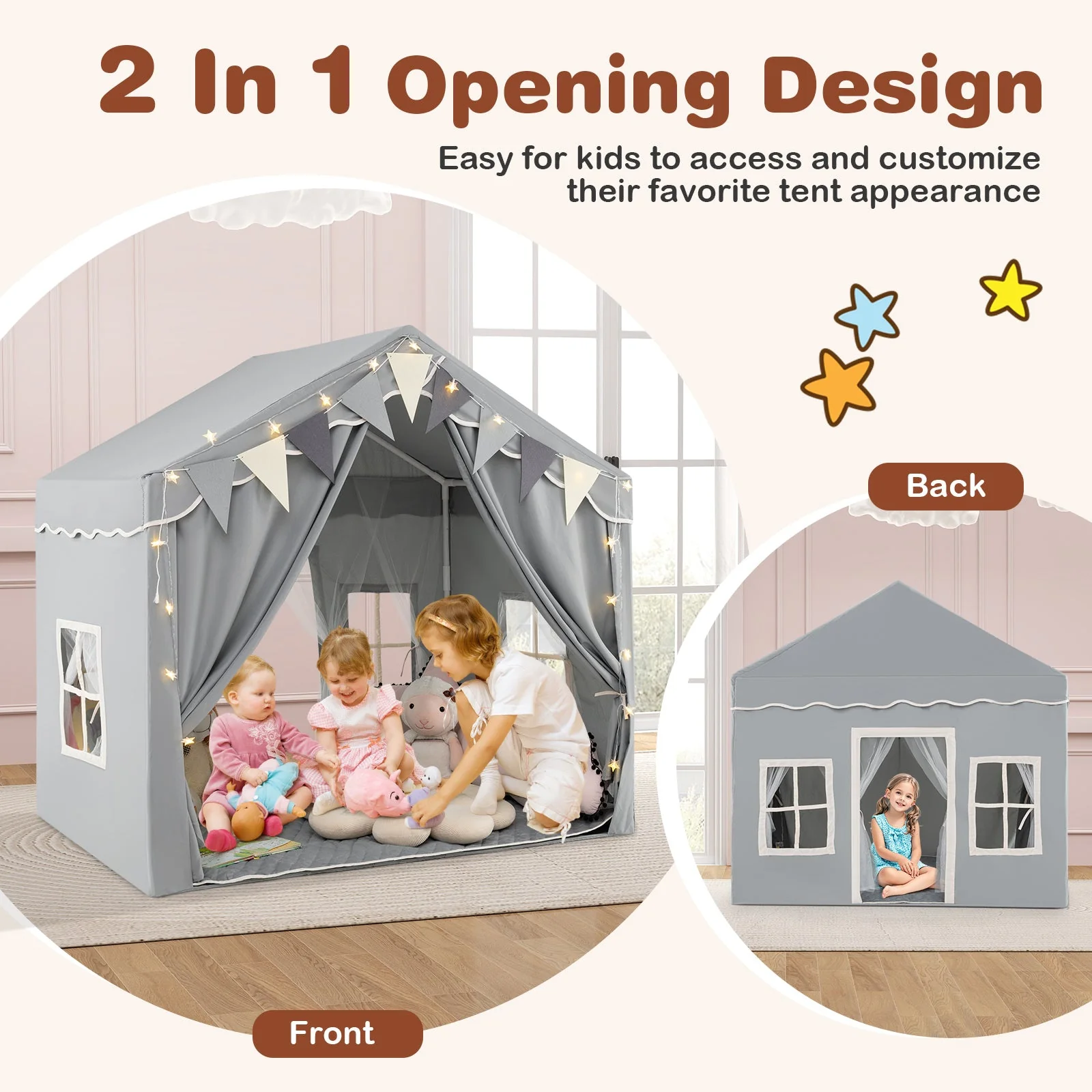 3-4 Kids Large Play Tent House with 2 Opening Doors and Star Lights-Gray - Image 6