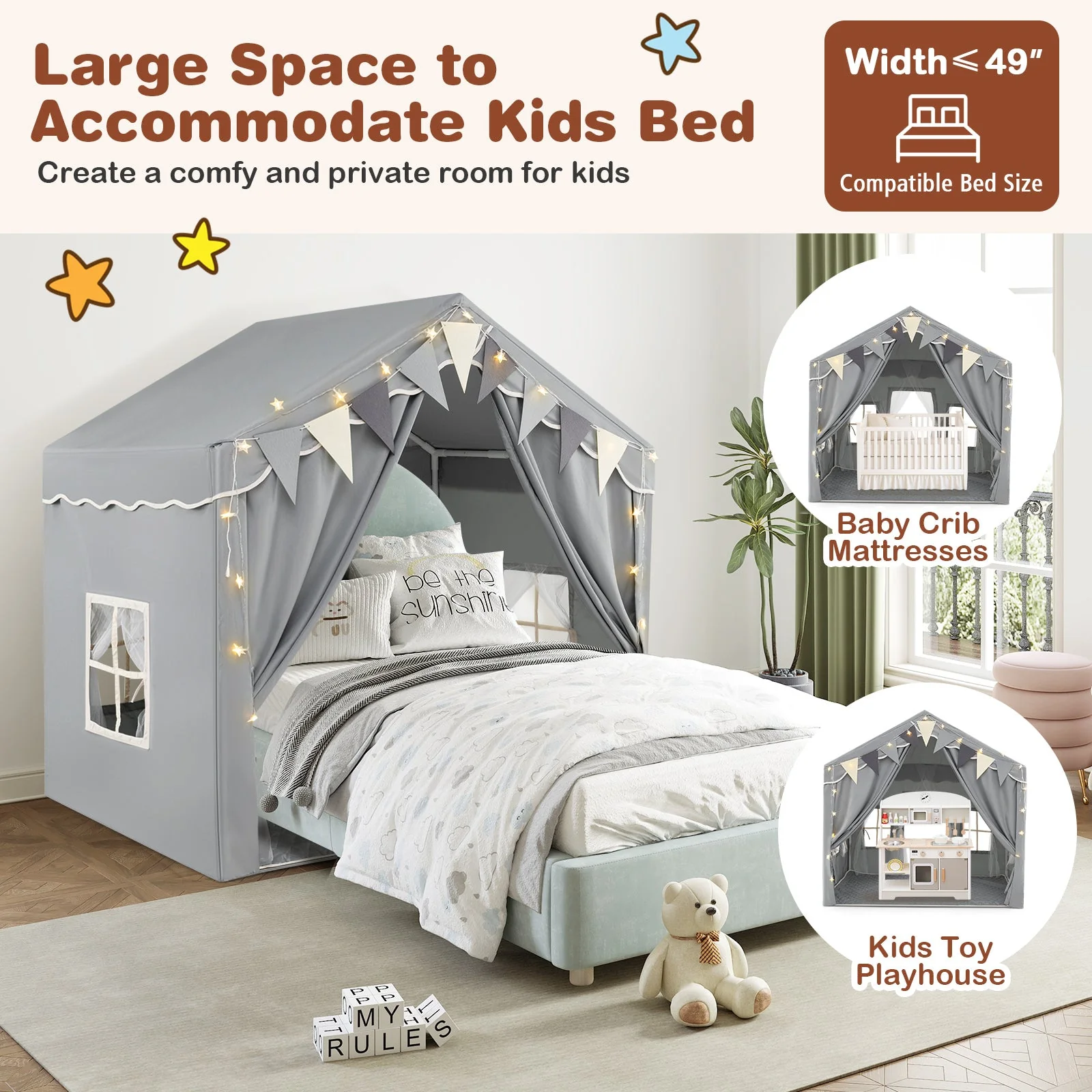 3-4 Kids Large Play Tent House with 2 Opening Doors and Star Lights-Gray - Image 7