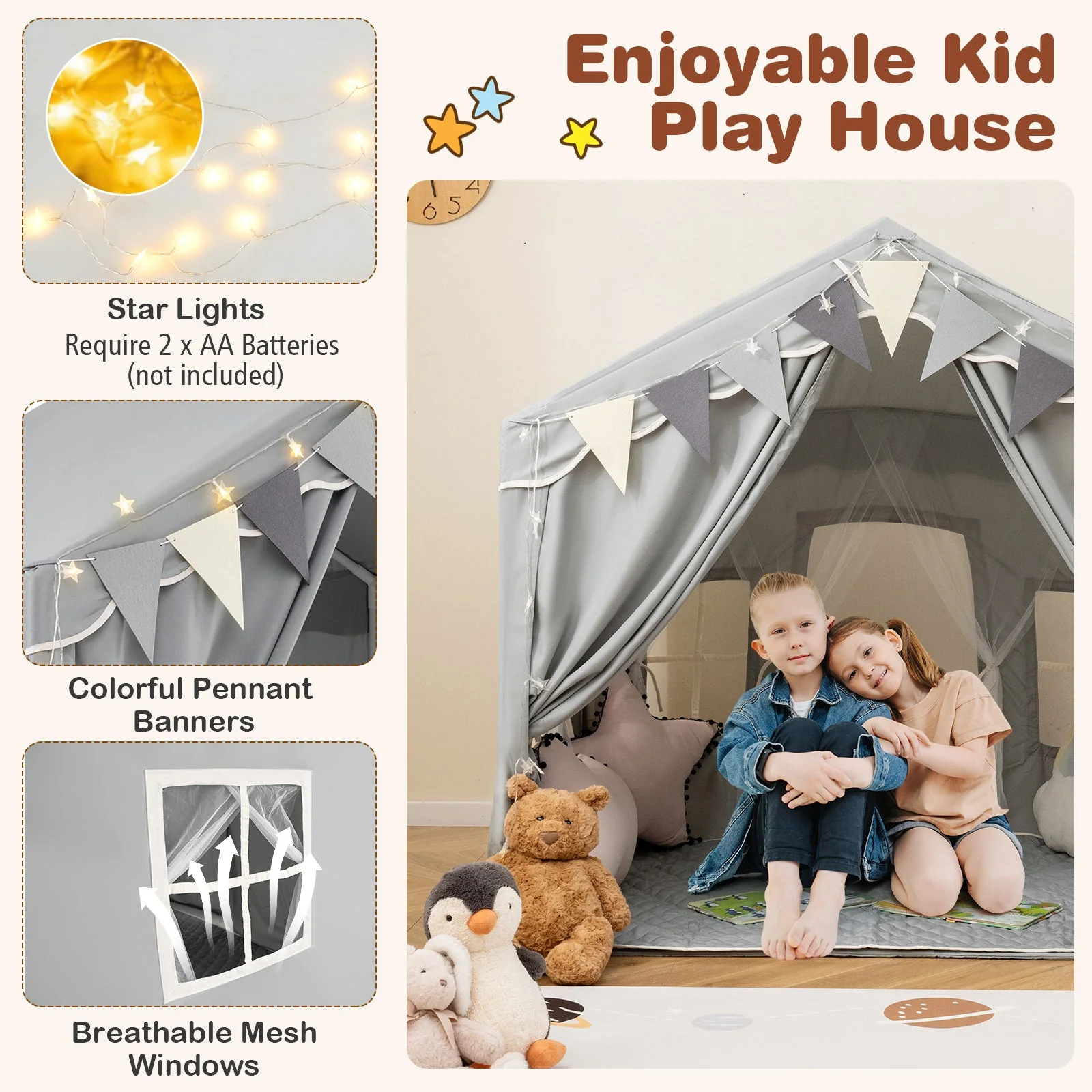 3-4 Kids Large Play Tent House with 2 Opening Doors and Star Lights-Gray - Image 8
