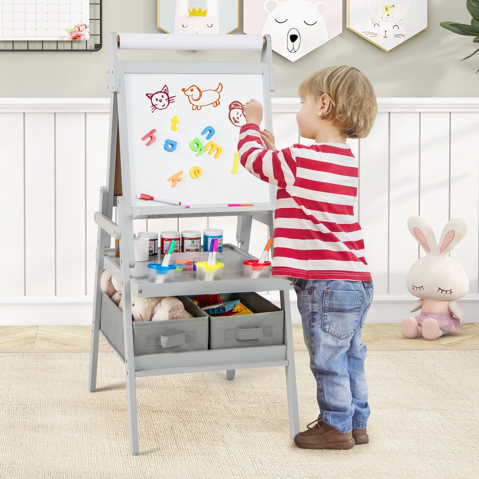 3-in-1 Art Easel for Kids with Magnetic Chalkboard and Whiteboard-Gray - Image 2