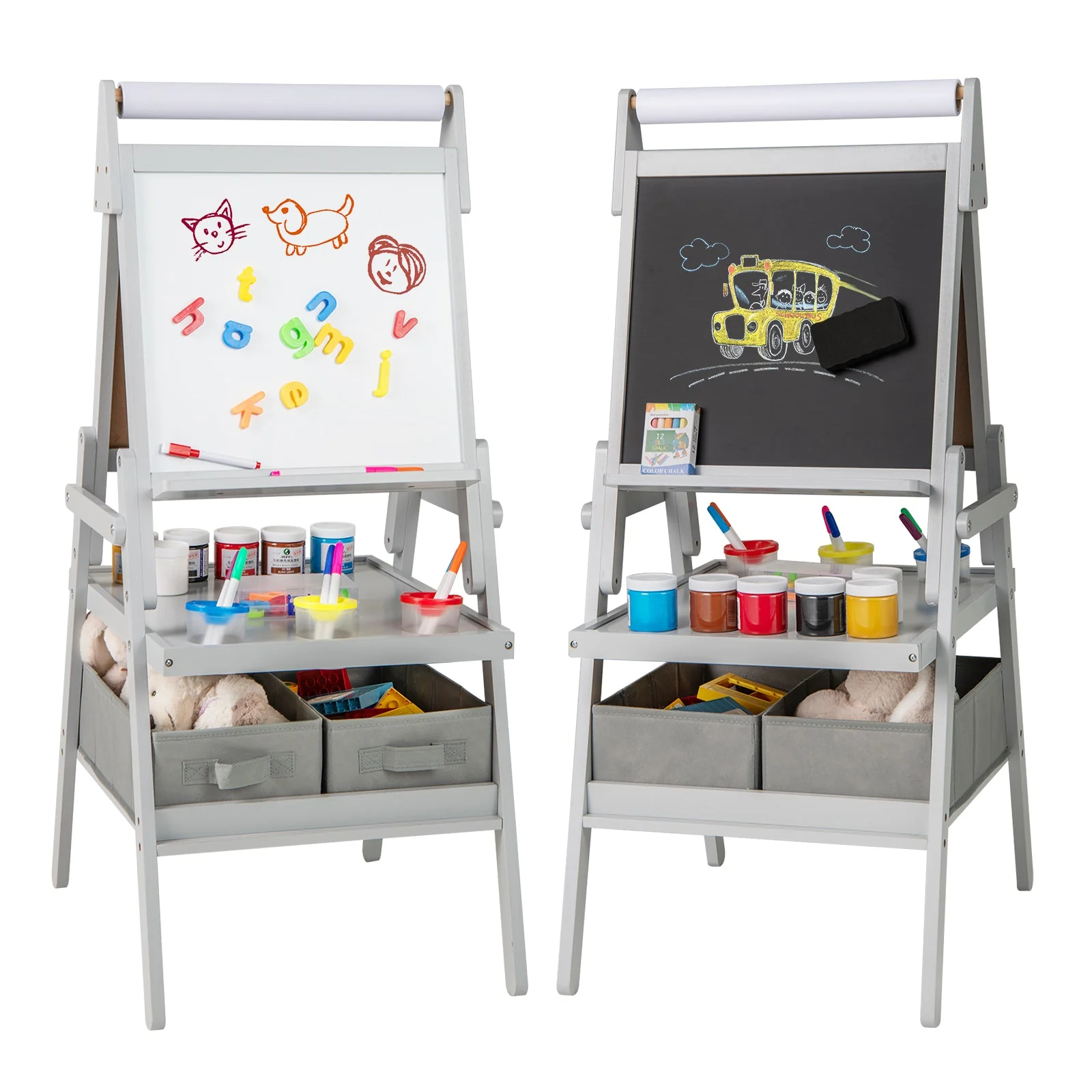 3-in-1 Art Easel for Kids with Magnetic Chalkboard and Whiteboard-Gray - Image 3
