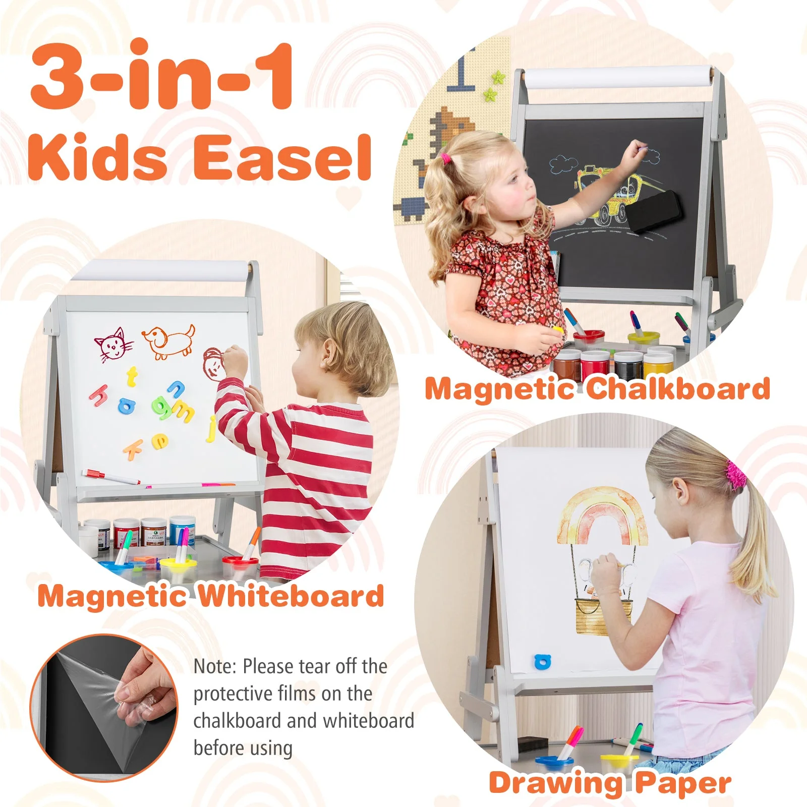 3-in-1 Art Easel for Kids with Magnetic Chalkboard and Whiteboard-Gray - Image 5