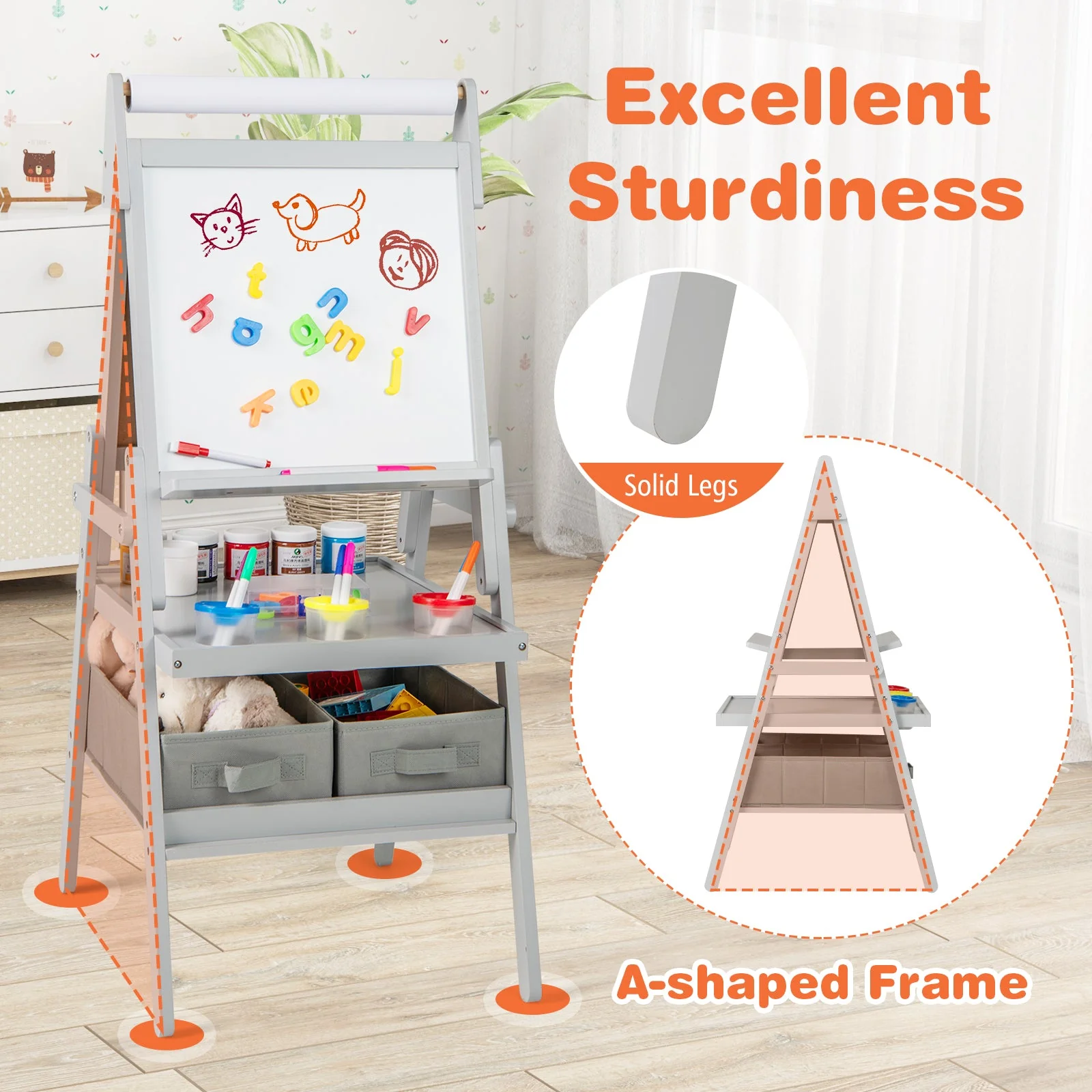 3-in-1 Art Easel for Kids with Magnetic Chalkboard and Whiteboard-Gray - Image 7