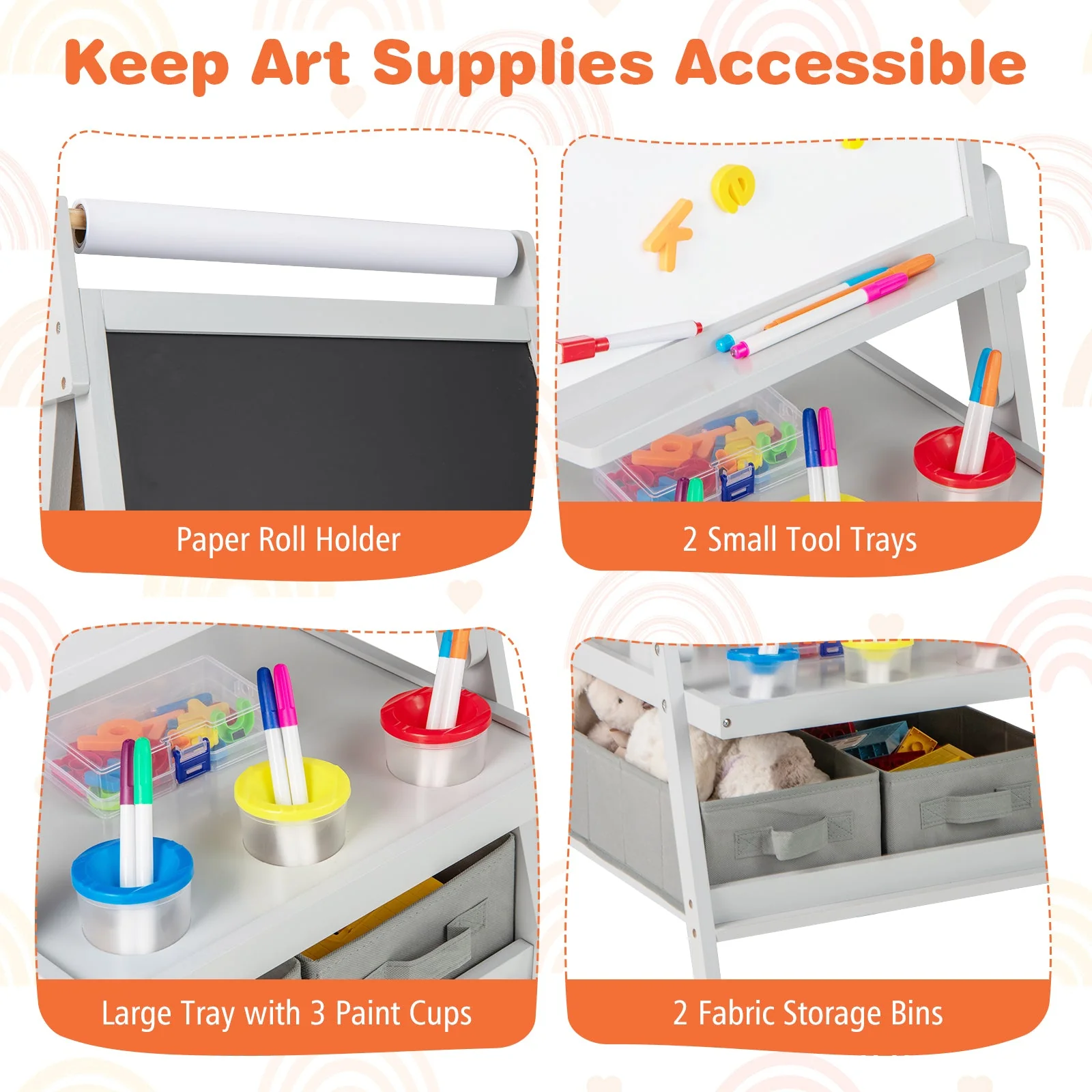3-in-1 Art Easel for Kids with Magnetic Chalkboard and Whiteboard-Gray - Image 8