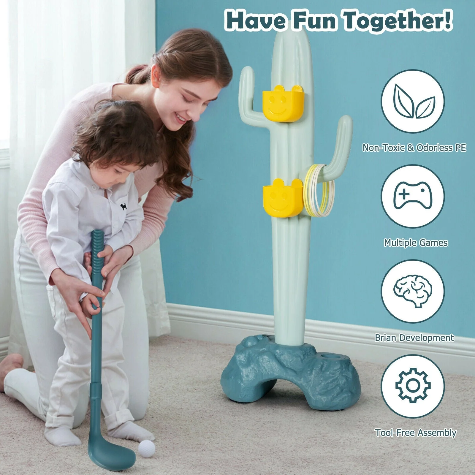 3-in-1 Cactus Toy Stand Sports Activity Center with Golf and Ring-Toss - Image 8