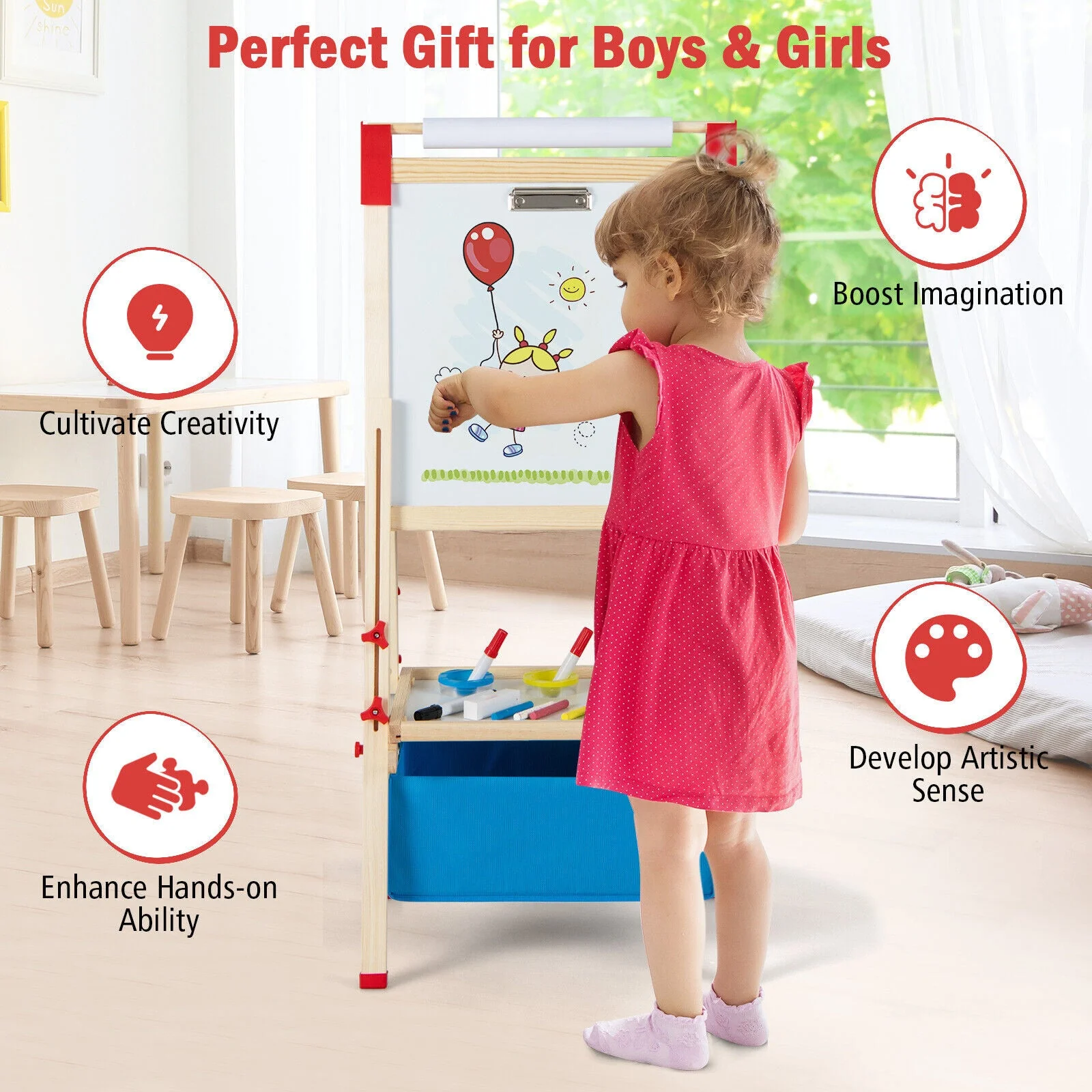 3-in-1 Double-Sided Adjustable Kid Easel for 3-8 Years Old Toddlers - Image 6