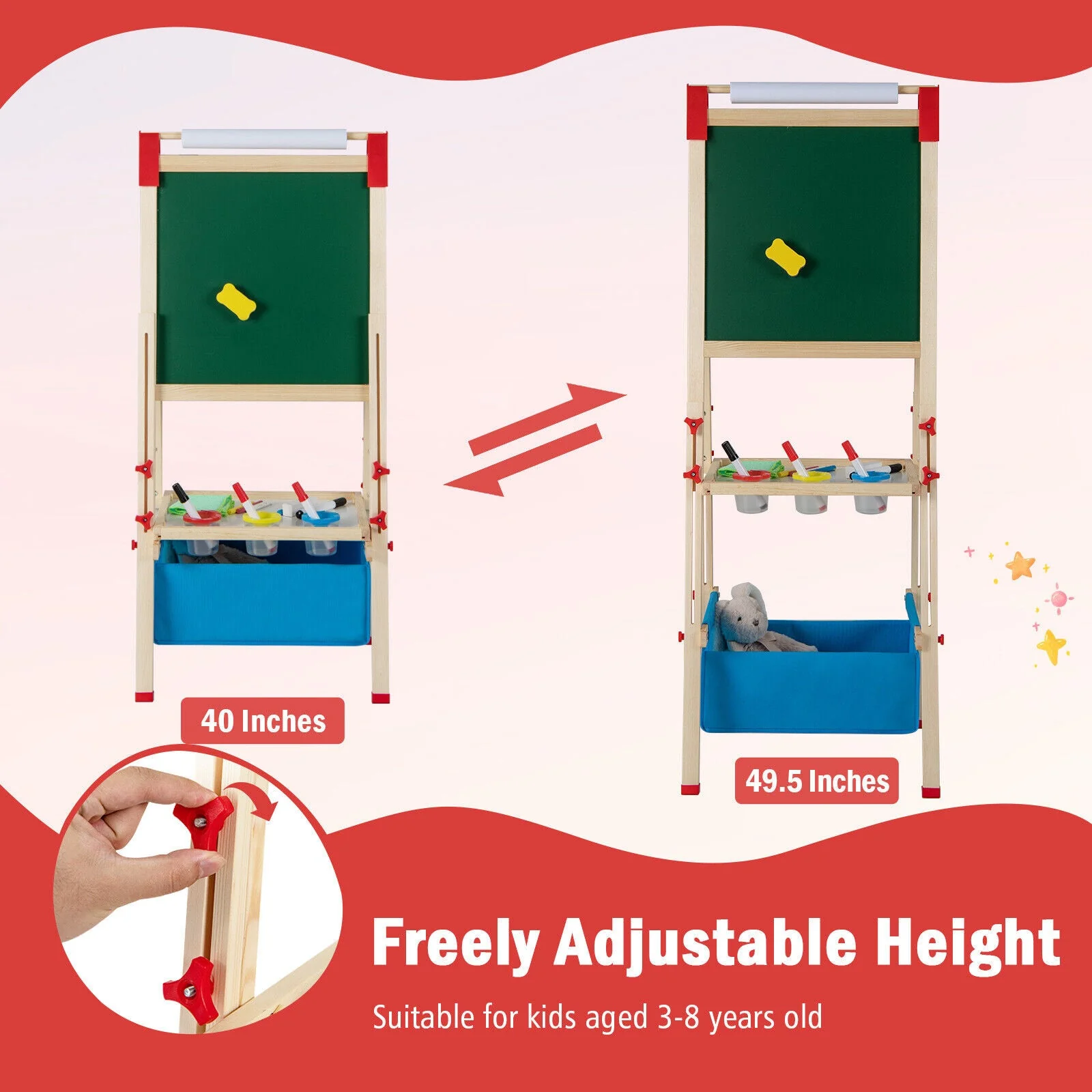 3-in-1 Double-Sided Adjustable Kid Easel for 3-8 Years Old Toddlers - Image 8