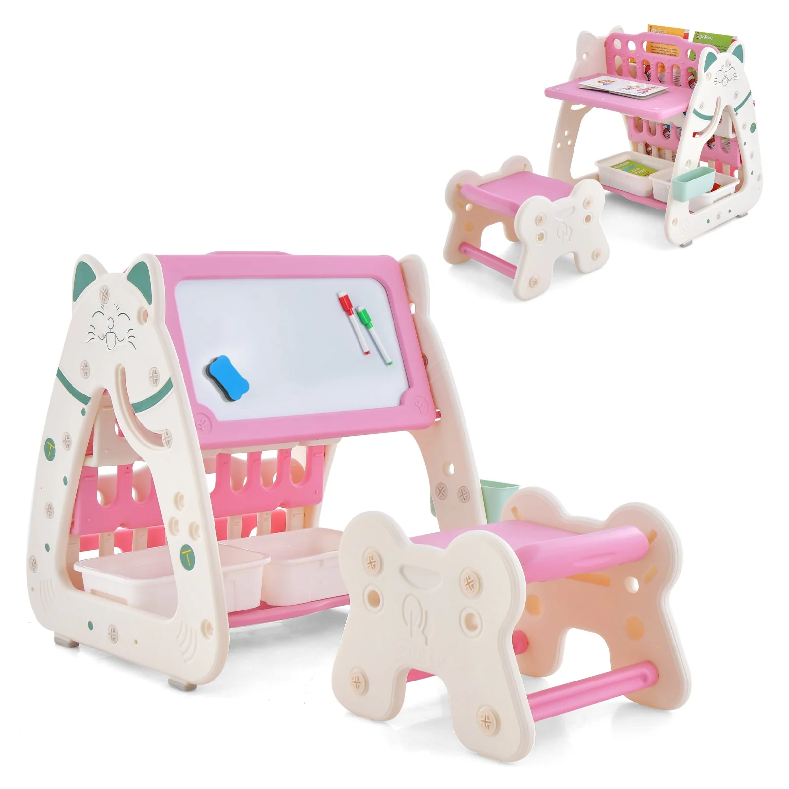 3-In-1 Double Sided Magnetic Dry-Erase Board with Stool and Flipped Writing Desktop-Pink - Image 3