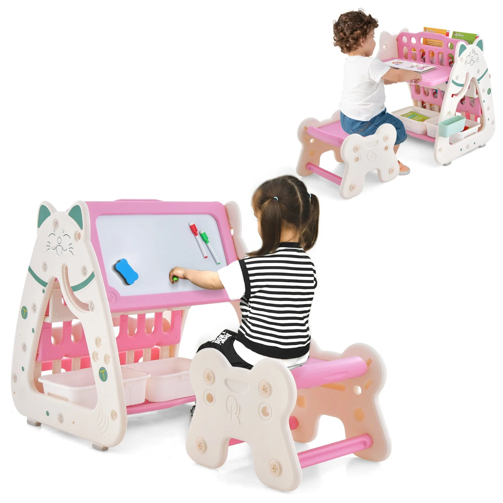 3-In-1 Double Sided Magnetic Dry-Erase Board with Stool and Flipped Writing Desktop-Pink - Image 4