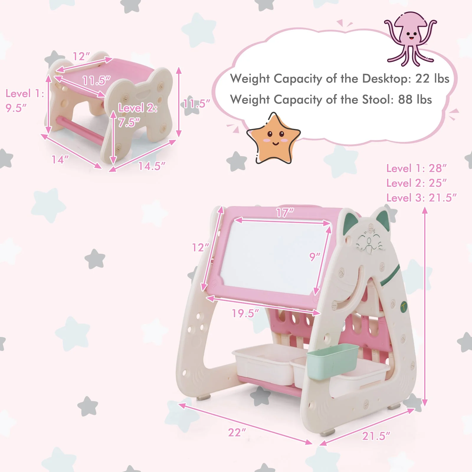 3-In-1 Double Sided Magnetic Dry-Erase Board with Stool and Flipped Writing Desktop-Pink - Image 5