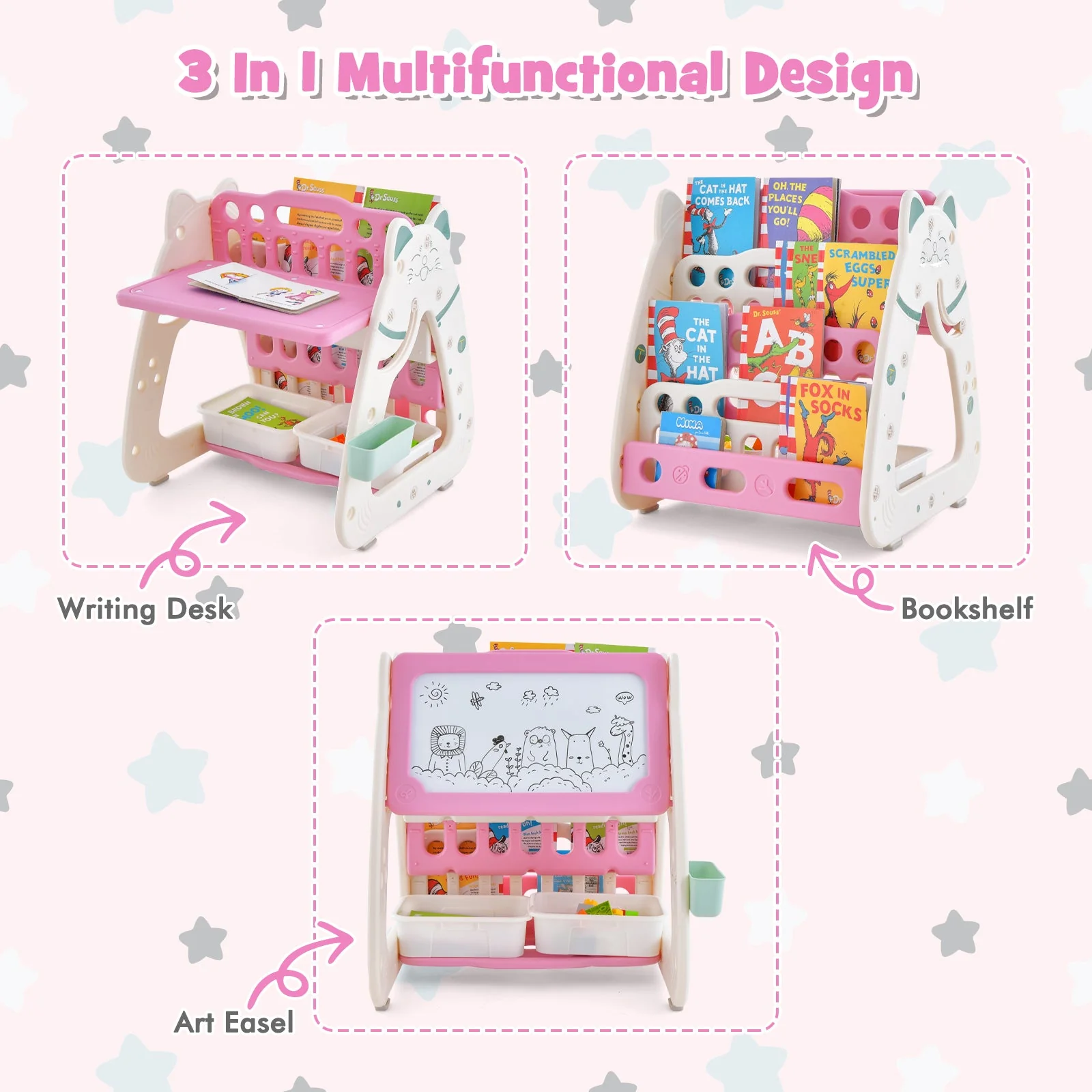 3-In-1 Double Sided Magnetic Dry-Erase Board with Stool and Flipped Writing Desktop-Pink - Image 6