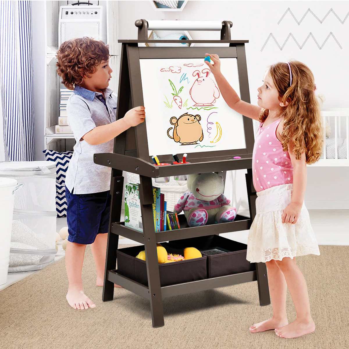 3 in 1 Double-Sided Storage Art Easel-Brown - Image 2