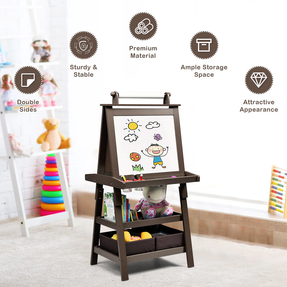 3 in 1 Double-Sided Storage Art Easel-Brown - Image 6