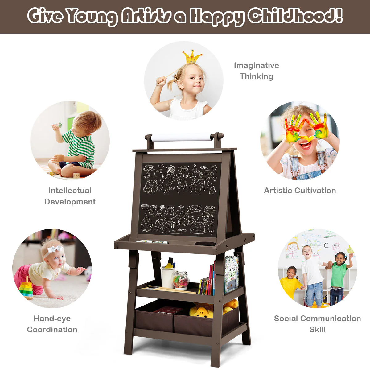 3 in 1 Double-Sided Storage Art Easel-Brown - Image 7