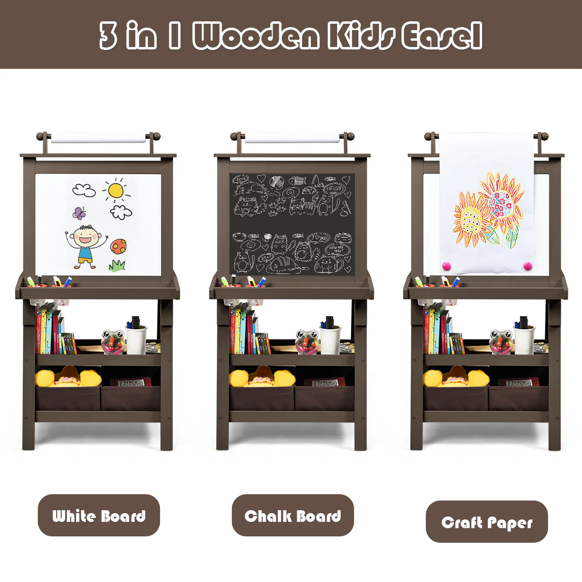 3 in 1 Double-Sided Storage Art Easel-Brown - Image 8