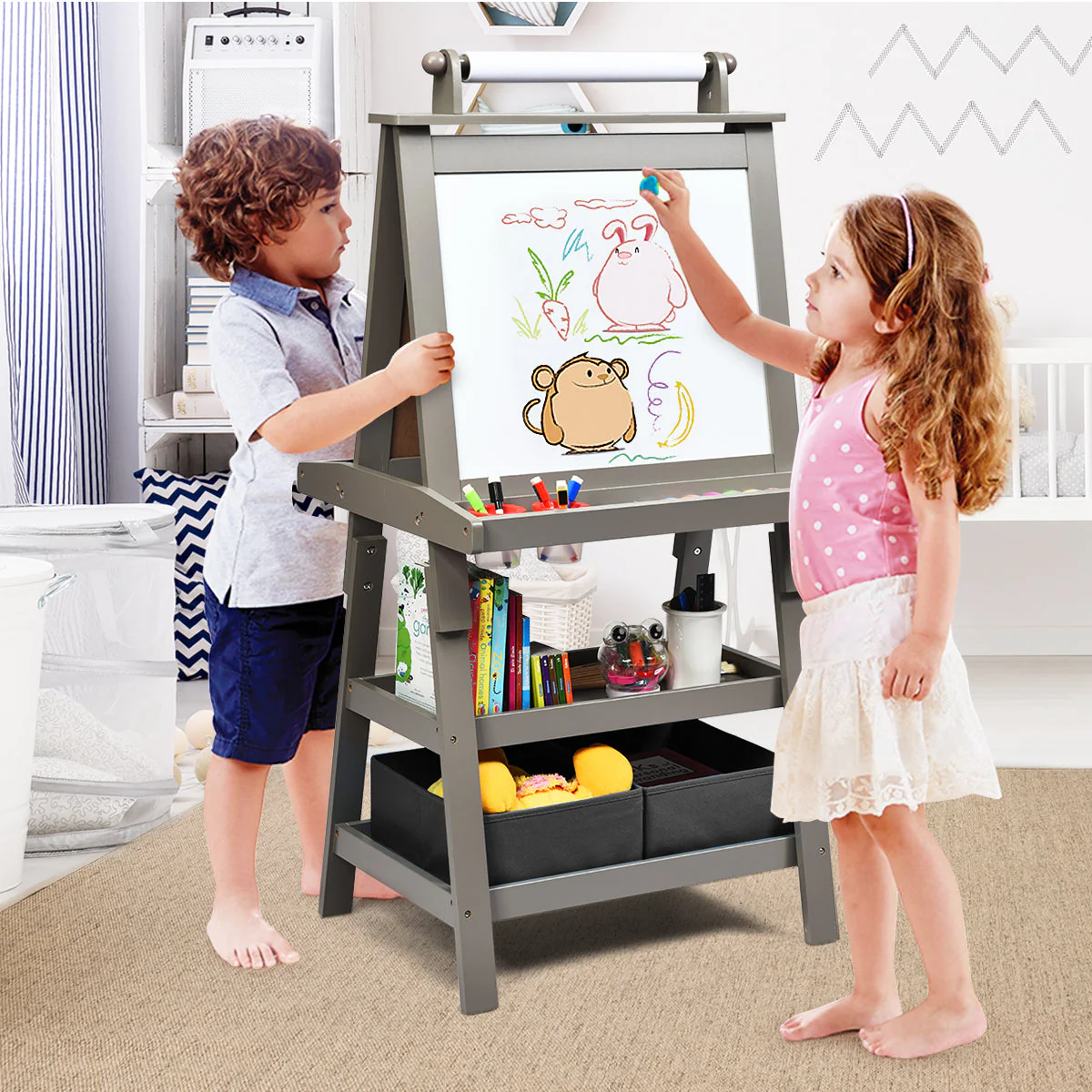 3 in 1 Double-Sided Storage Art Easel-Gray - Image 2
