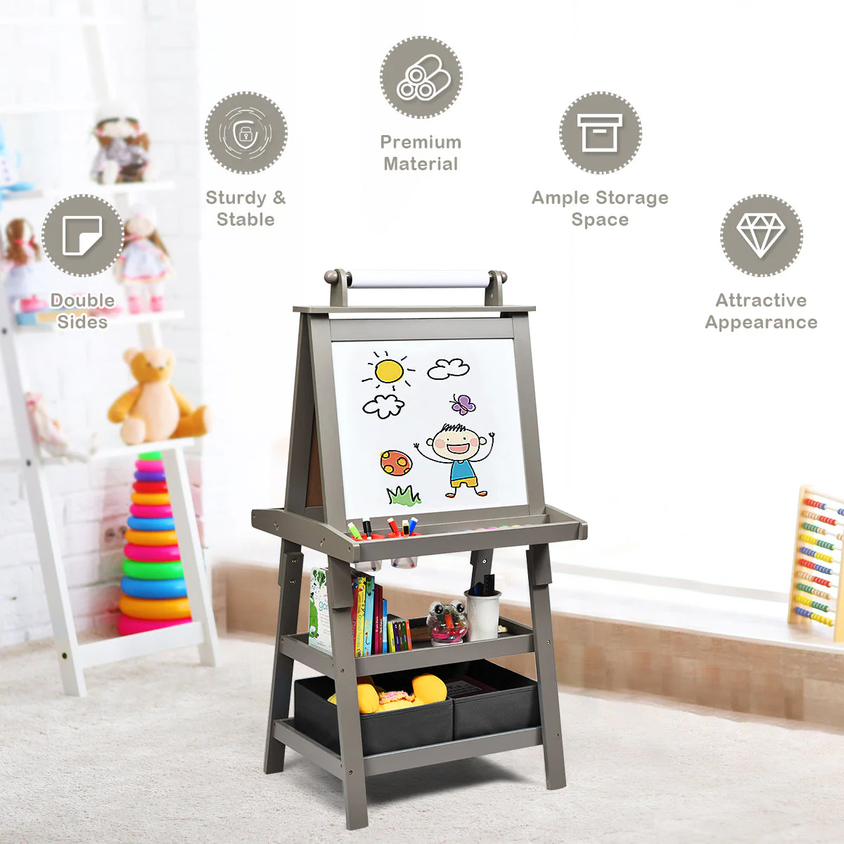 3 in 1 Double-Sided Storage Art Easel-Gray - Image 6