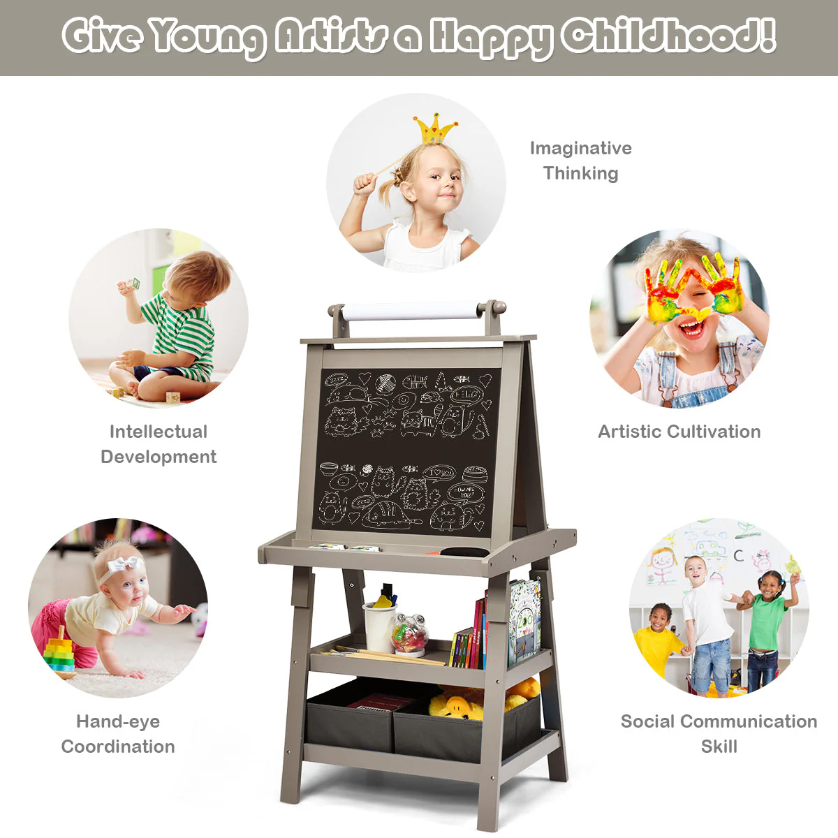 3 in 1 Double-Sided Storage Art Easel-Gray - Image 7