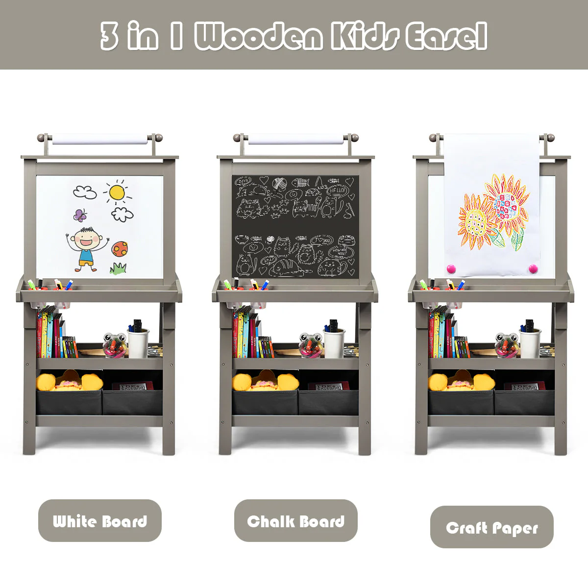 3 in 1 Double-Sided Storage Art Easel-Gray - Image 8