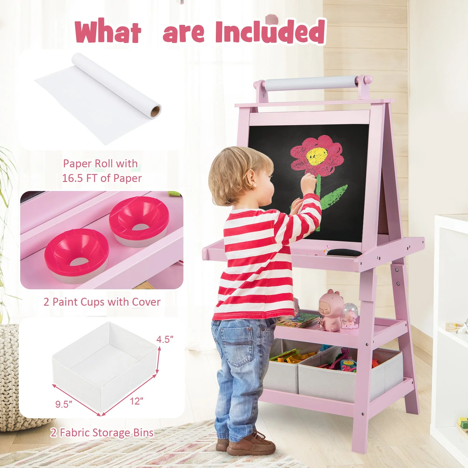 3-in-1 Double-Sided Storage Art Easel-Pink - Image 2