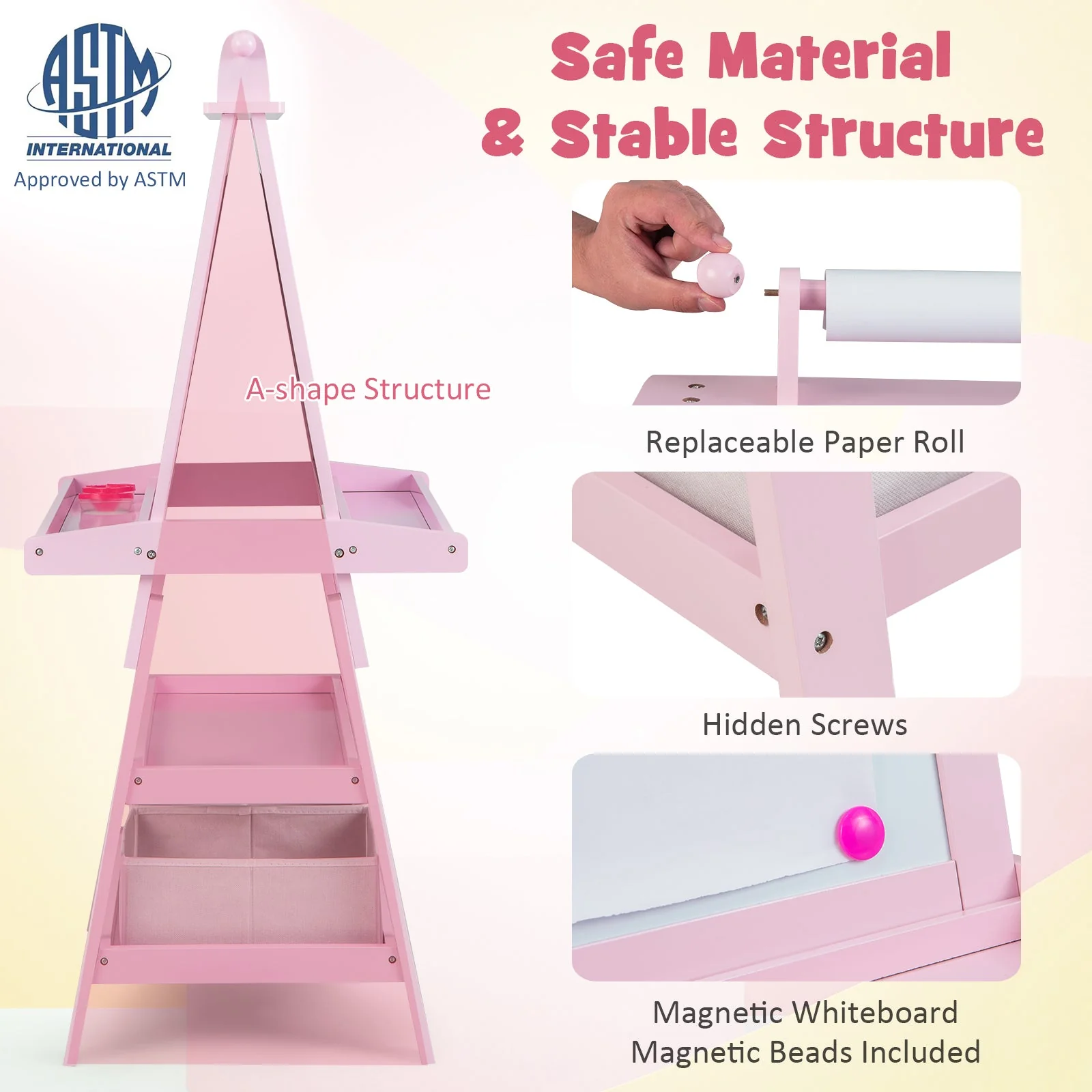 3-in-1 Double-Sided Storage Art Easel-Pink - Image 6