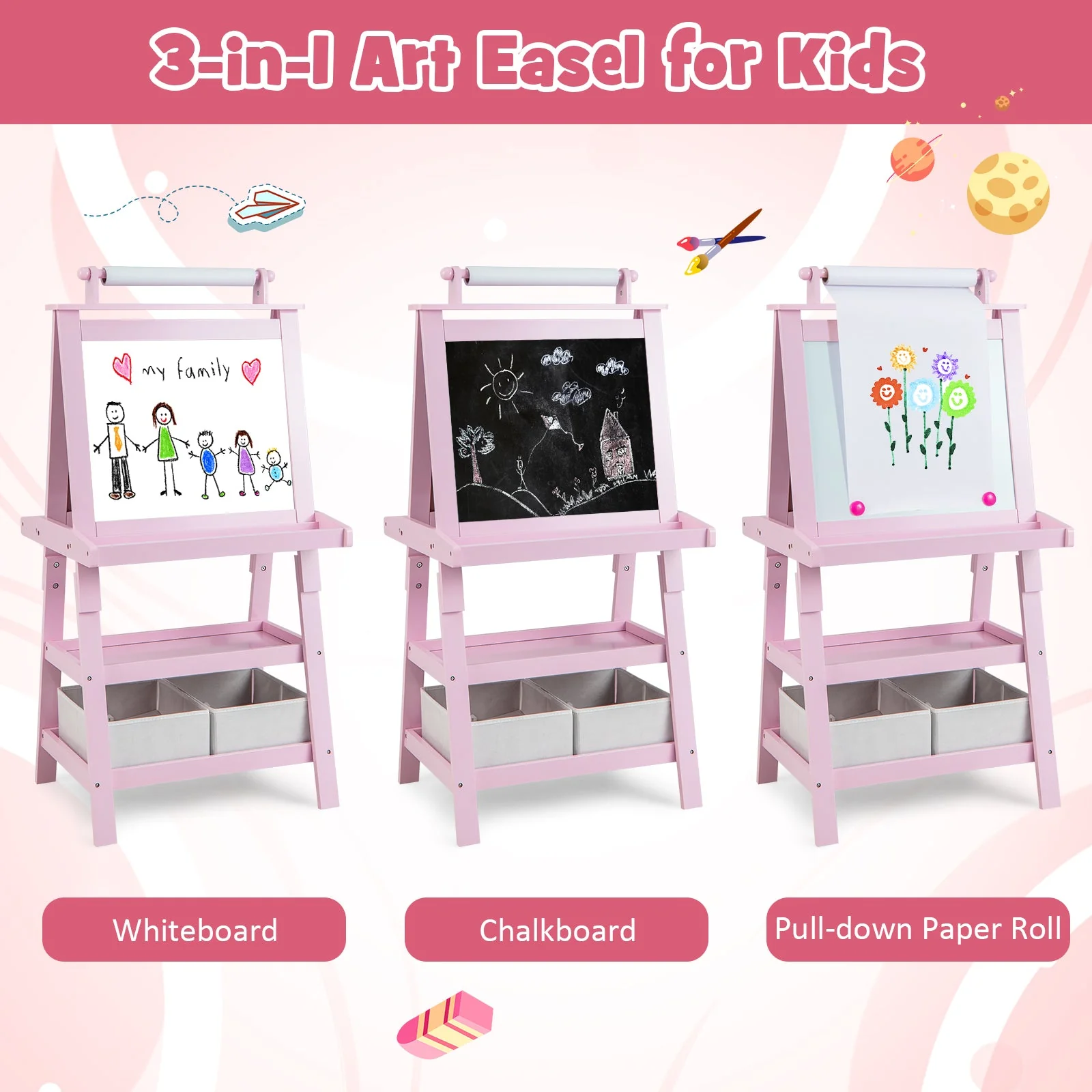 3-in-1 Double-Sided Storage Art Easel-Pink - Image 7