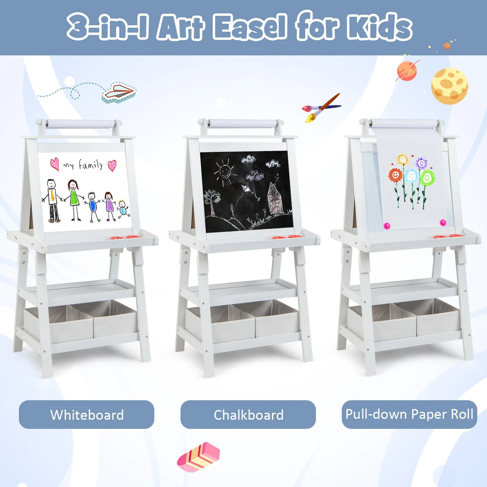 3-in-1 Double-Sided Storage Art Easel-White - Image 7