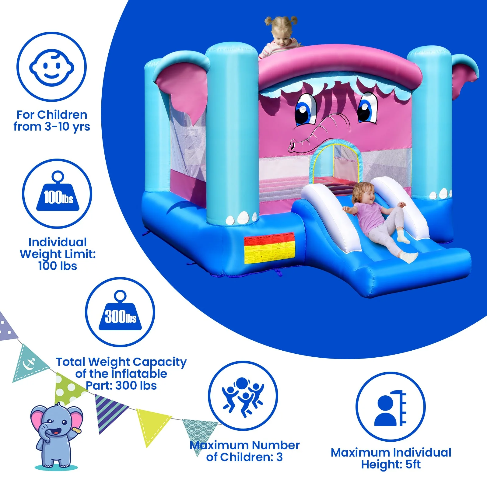 3-in-1 Elephant Theme Inflatable Castle without Blower - Image 2