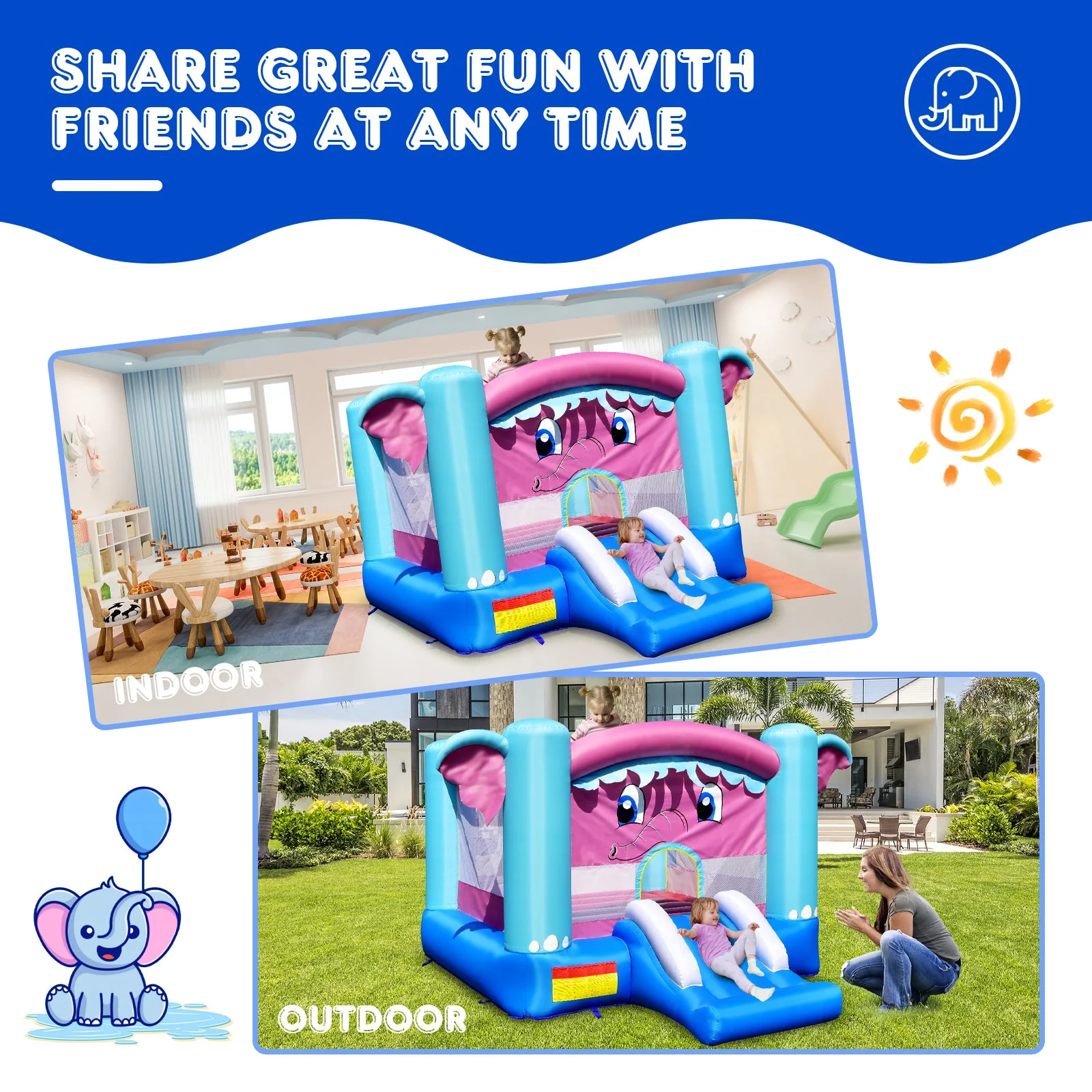 3-in-1 Elephant Theme Inflatable Castle without Blower - Image 6