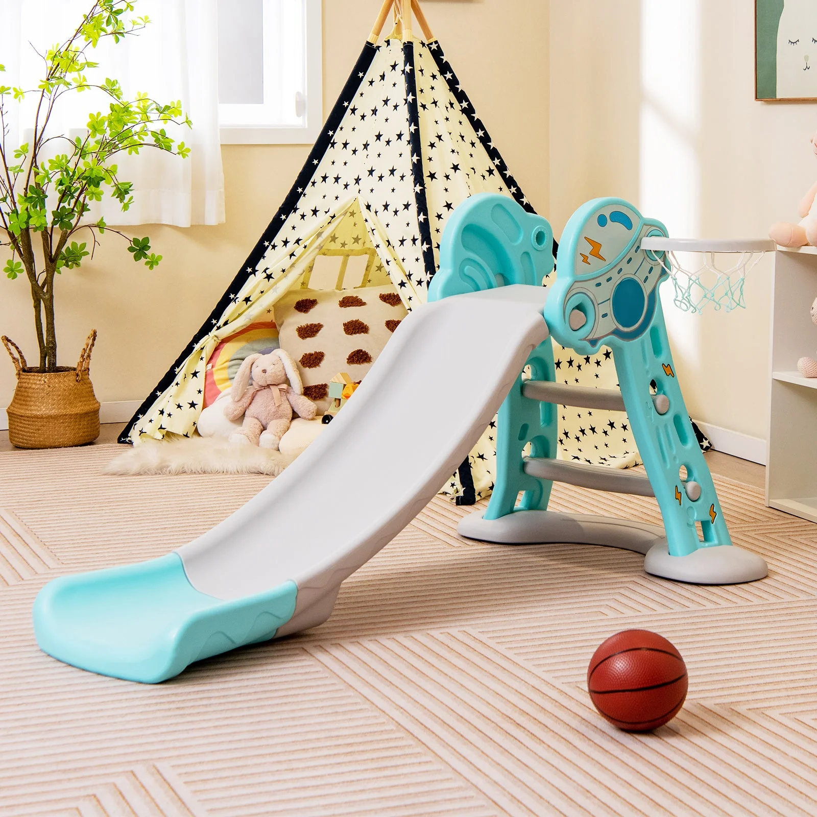 3-in-1 Folding Slide Playset with Basketball Hoop and Small Basketball-Blue - Image 2