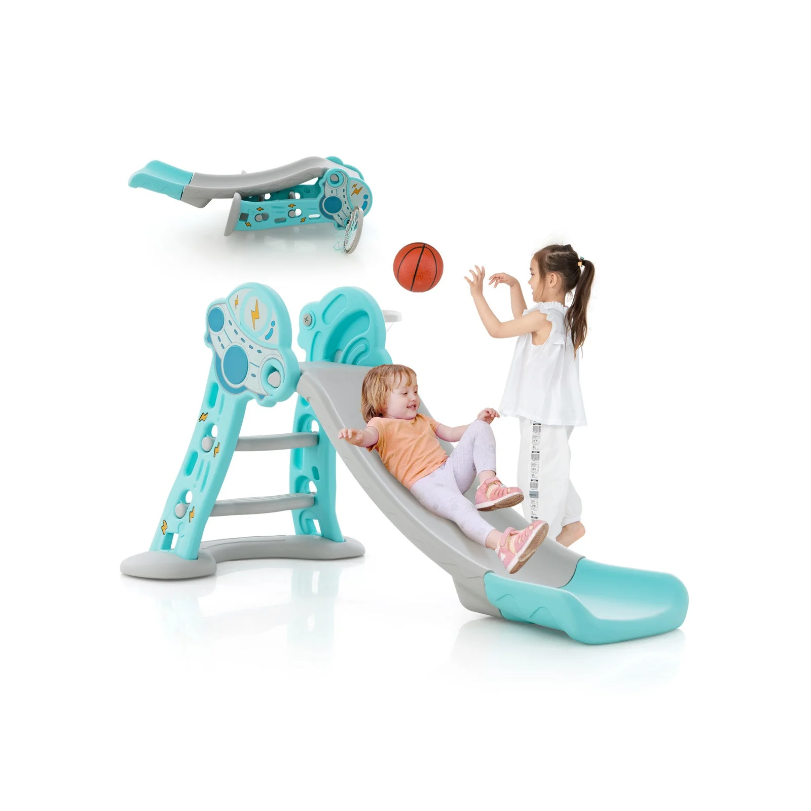 3-in-1 Folding Slide Playset with Basketball Hoop and Small Basketball-Blue - Image 3