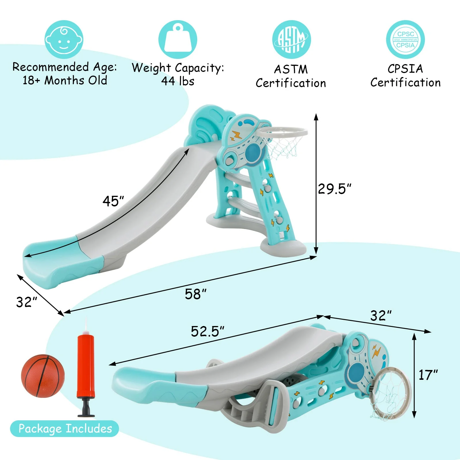 3-in-1 Folding Slide Playset with Basketball Hoop and Small Basketball-Blue - Image 4