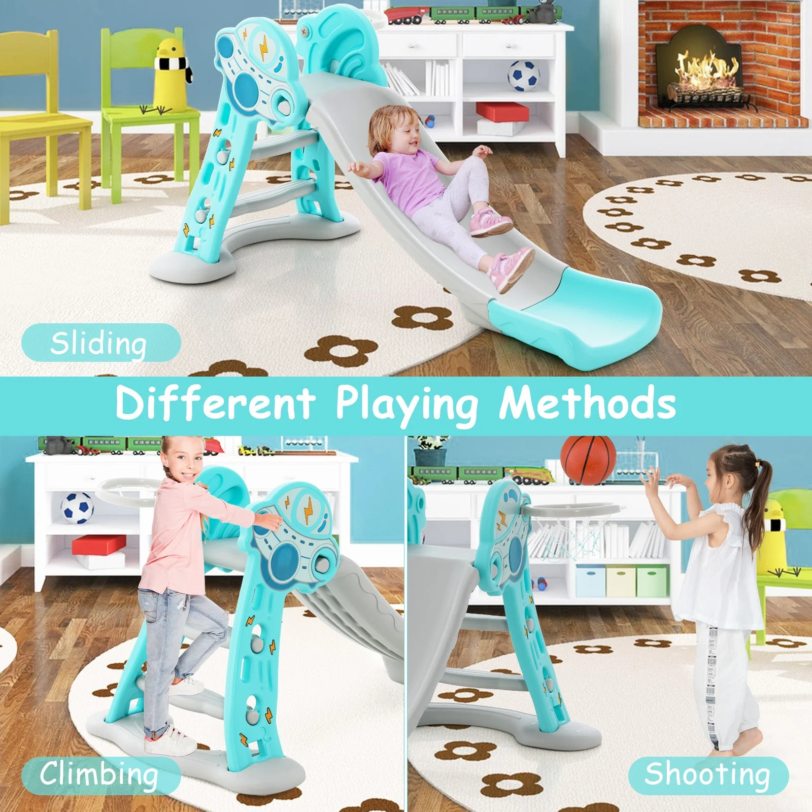 3-in-1 Folding Slide Playset with Basketball Hoop and Small Basketball-Blue - Image 5