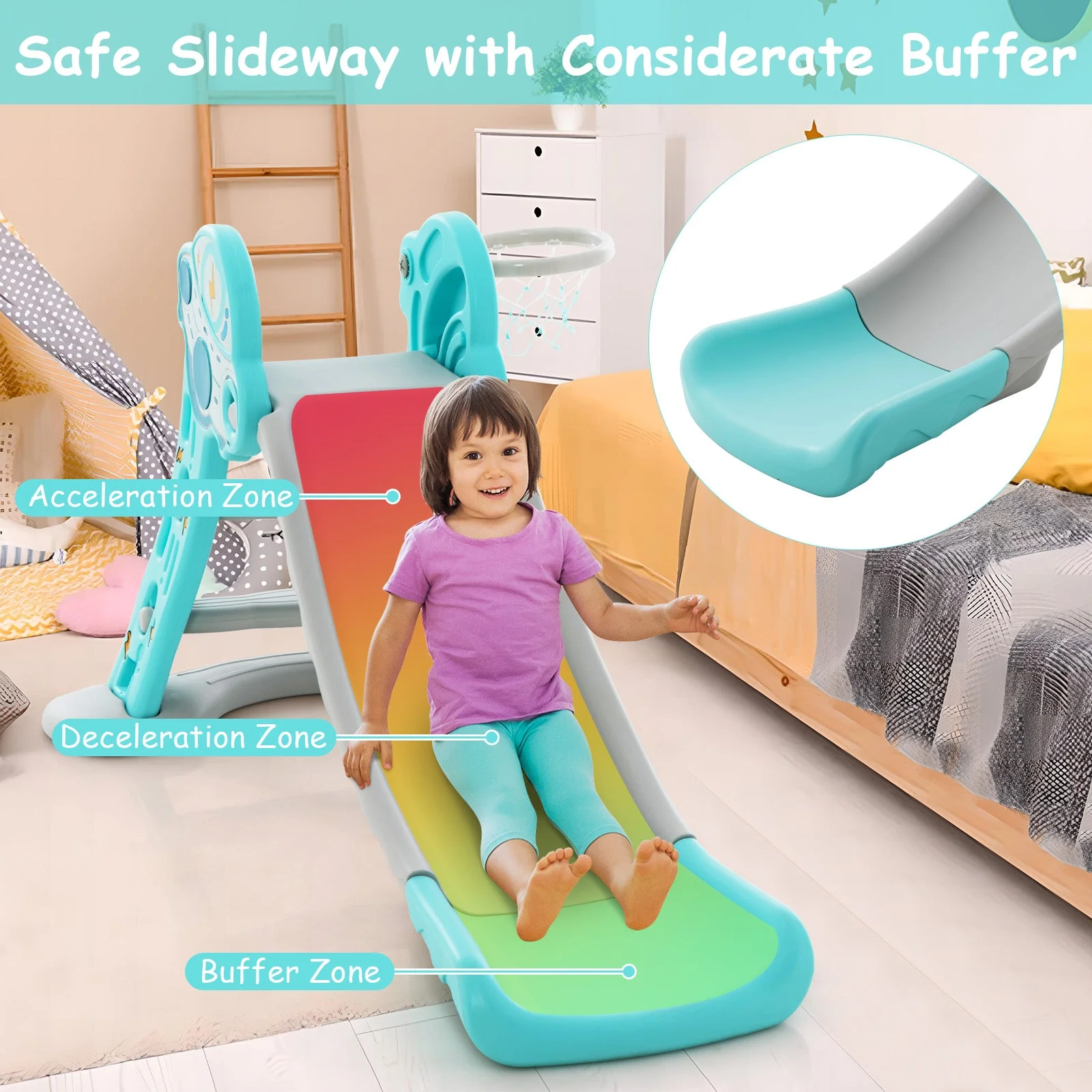 3-in-1 Folding Slide Playset with Basketball Hoop and Small Basketball-Blue - Image 6