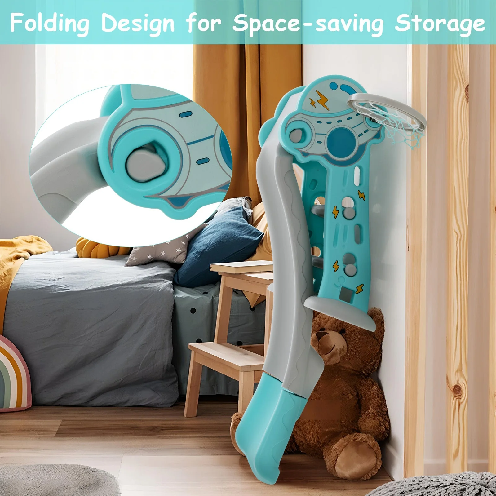 3-in-1 Folding Slide Playset with Basketball Hoop and Small Basketball-Blue - Image 8