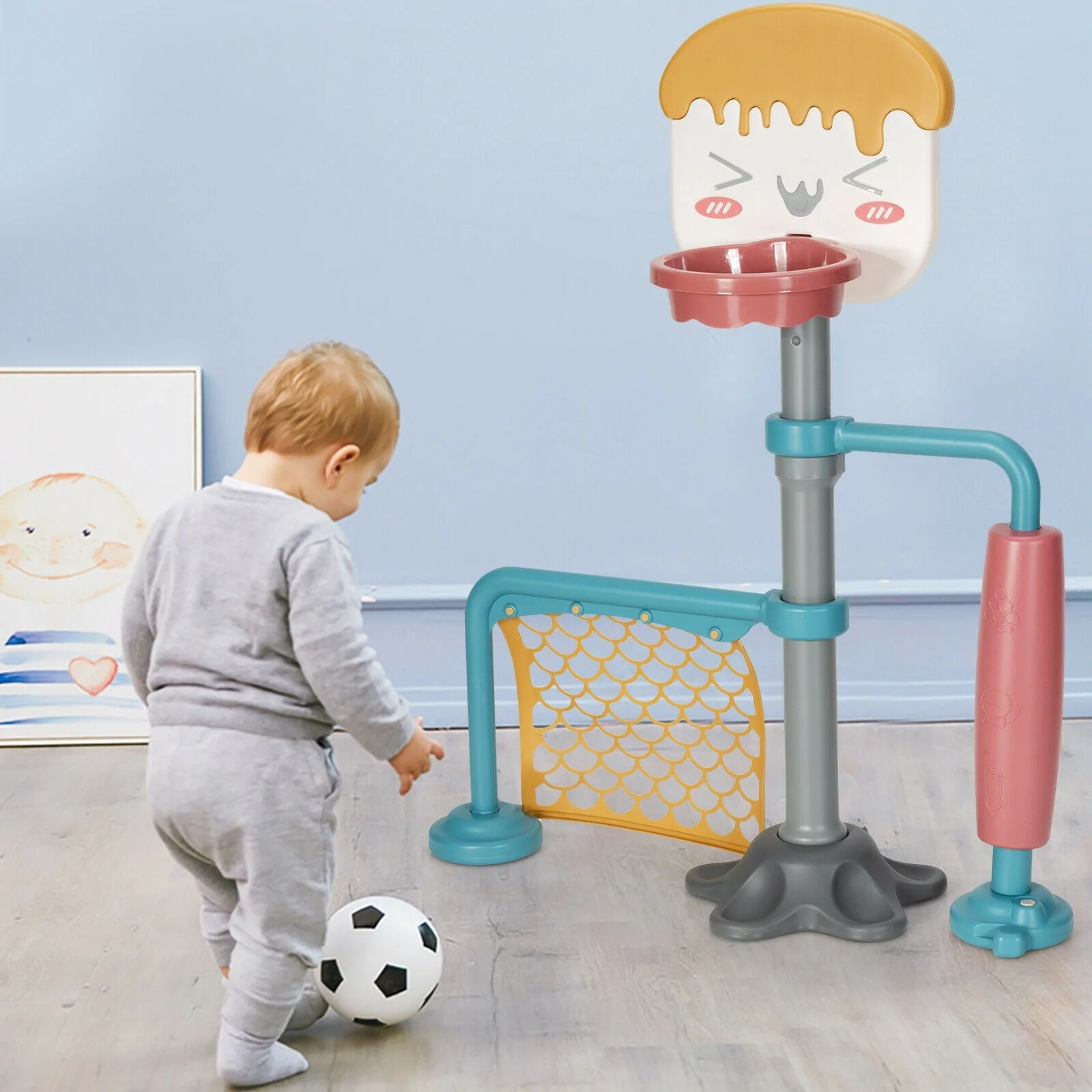 3-in-1 Height Adjustable Basketball Stand Set with Soccer and Roller - Image 2