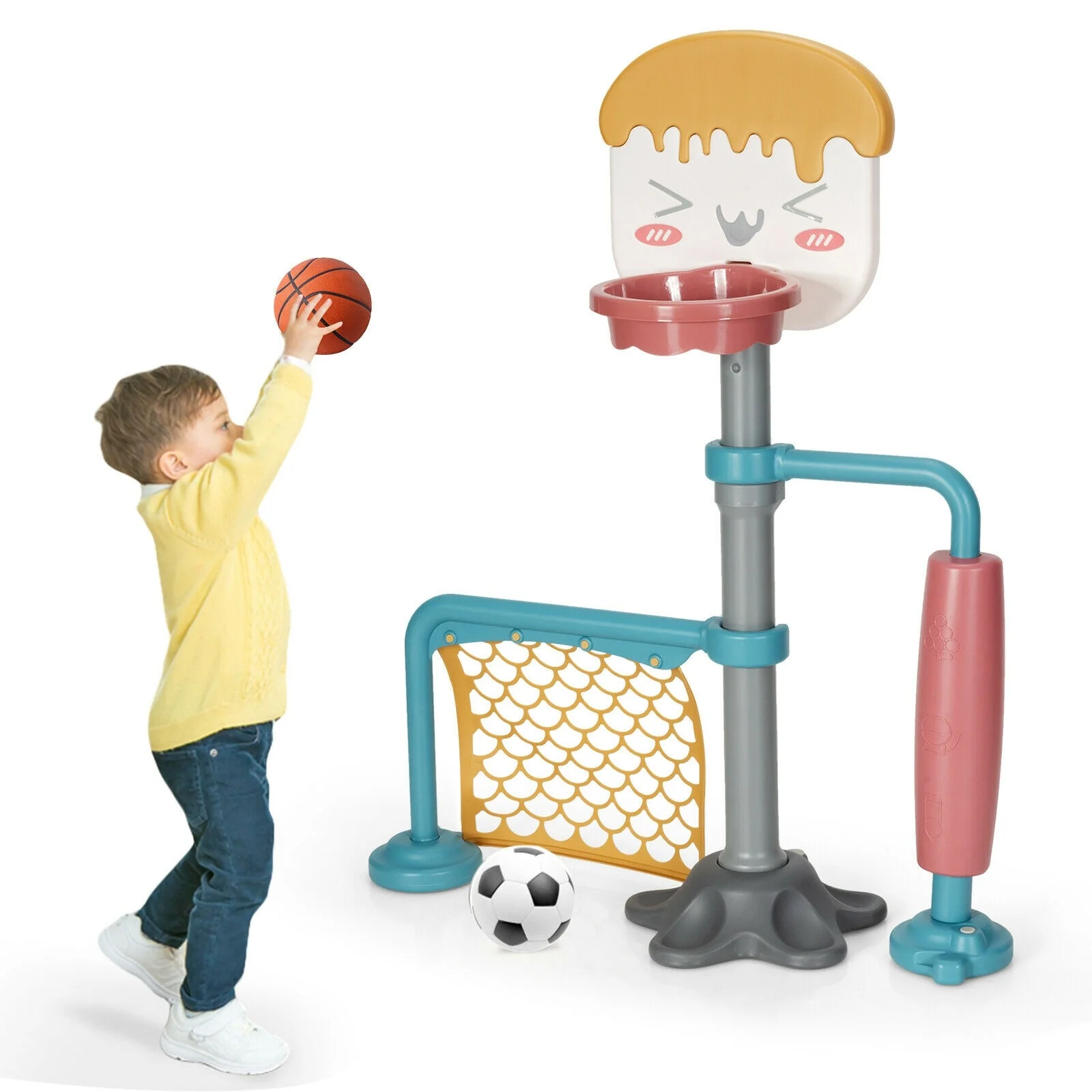 3-in-1 Height Adjustable Basketball Stand Set with Soccer and Roller - Image 3