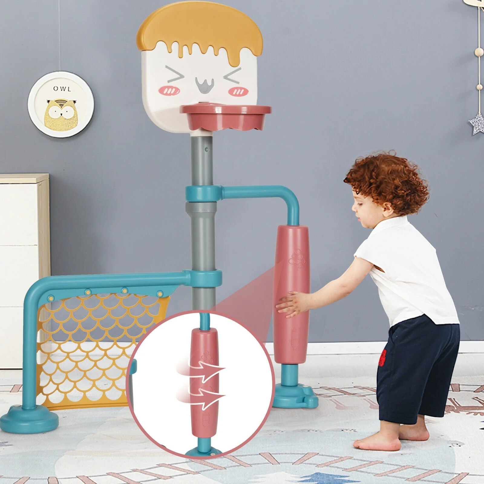 3-in-1 Height Adjustable Basketball Stand Set with Soccer and Roller - Image 7