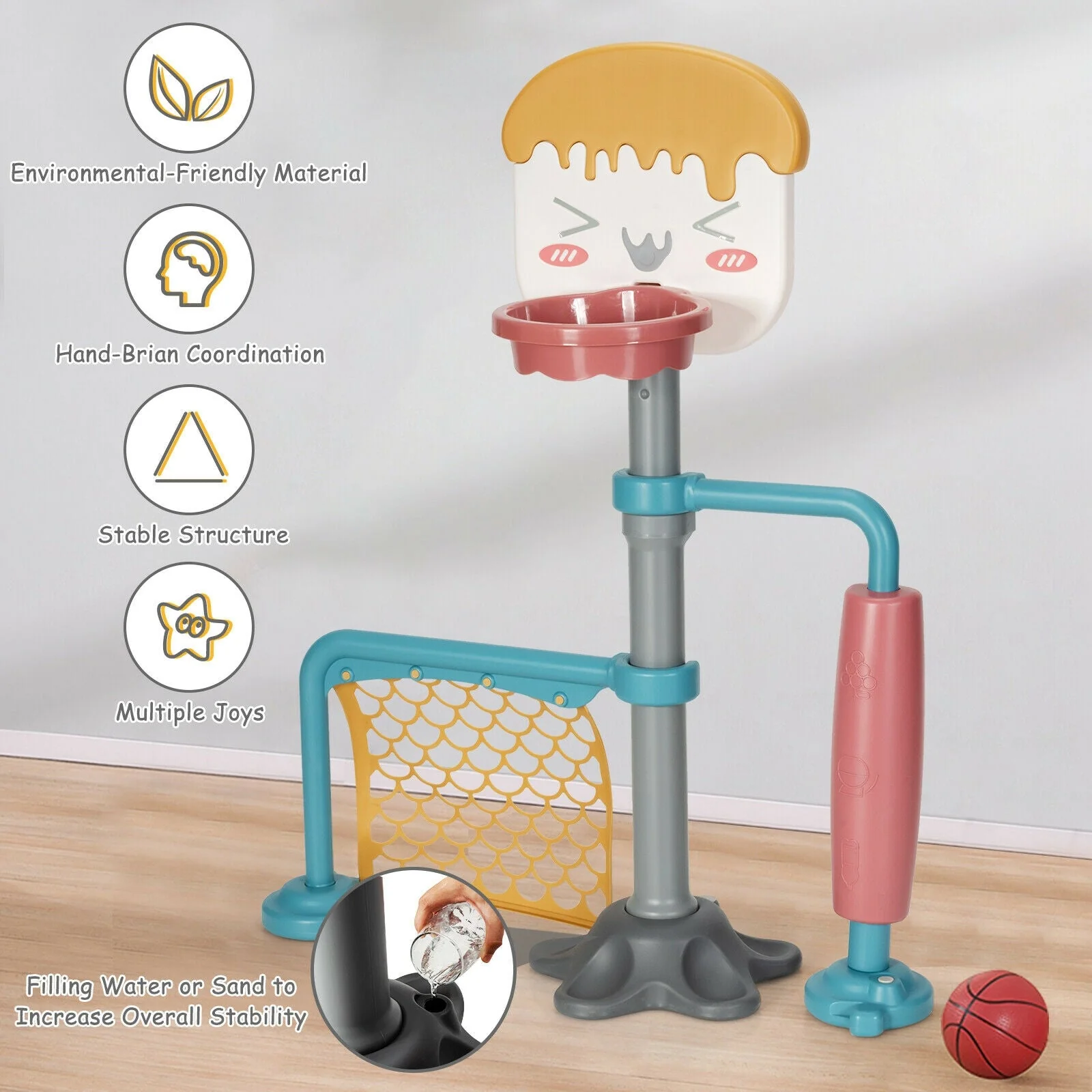 3-in-1 Height Adjustable Basketball Stand Set with Soccer and Roller - Image 8