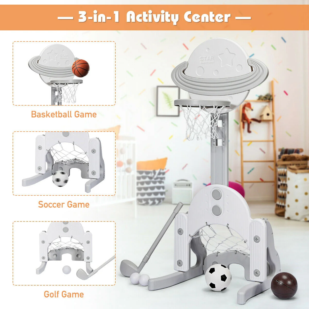 3 in 1 Height Adjustable Kids Basketball Hoop Set with Balls-White - Image 2