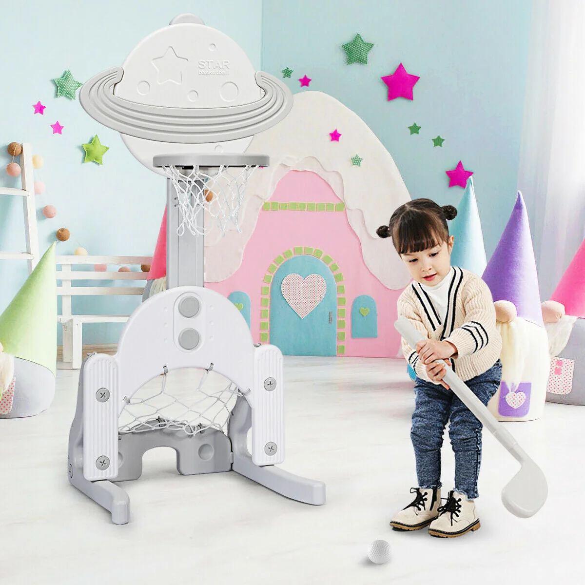 3 in 1 Height Adjustable Kids Basketball Hoop Set with Balls-White - Image 6