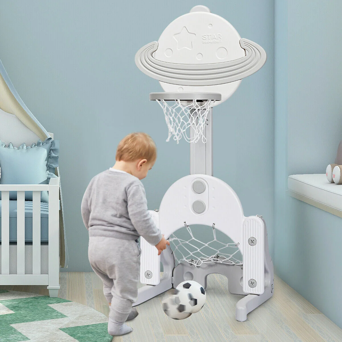 3 in 1 Height Adjustable Kids Basketball Hoop Set with Balls-White - Image 7