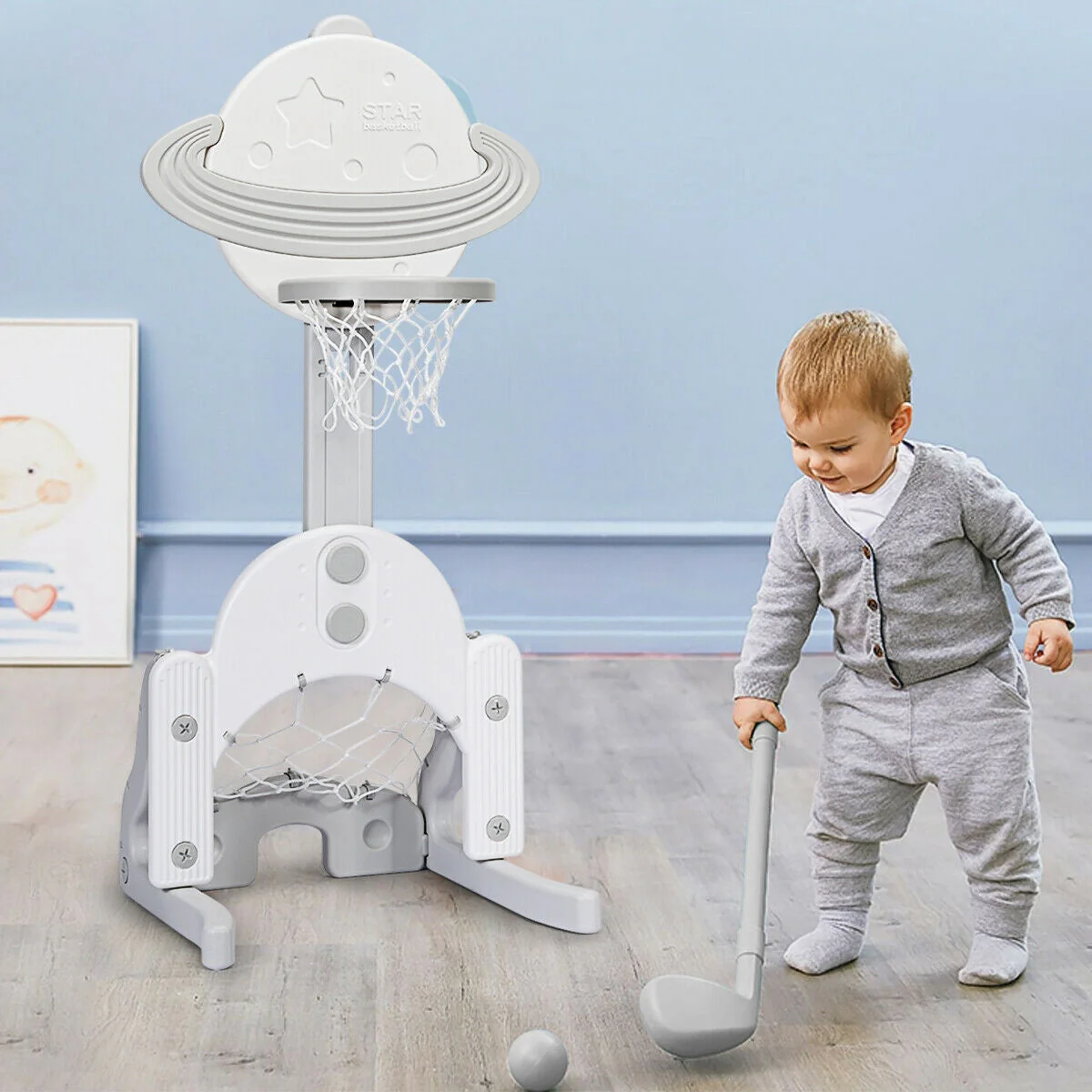 3 in 1 Height Adjustable Kids Basketball Hoop Set with Balls-White - Image 8