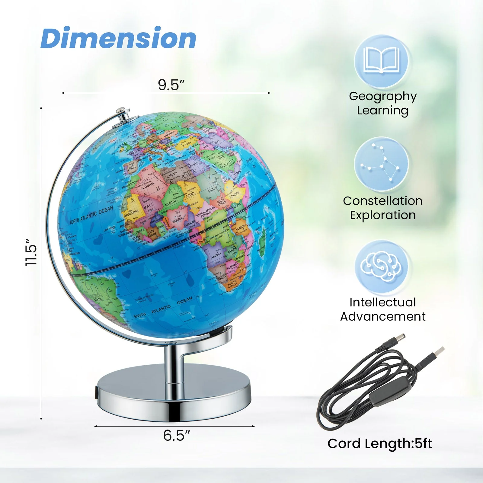 3-in-1 Illuminated World Globe with Stand and  88 Constellations - Image 5