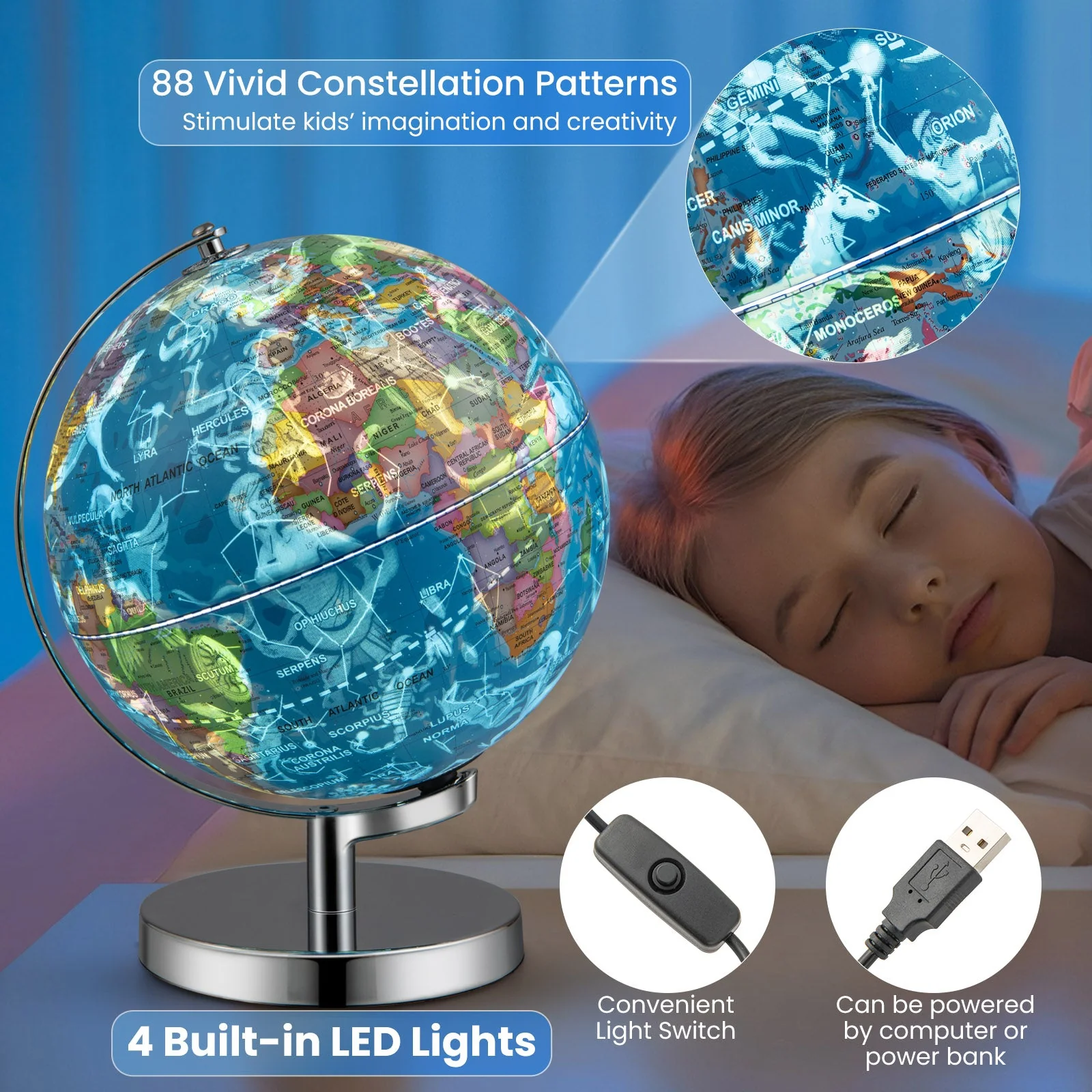 3-in-1 Illuminated World Globe with Stand and  88 Constellations - Image 8