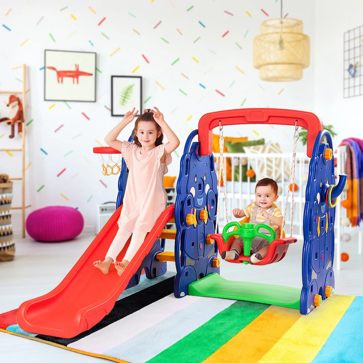 3-in-1 Junior Children Freestanding Design Climber Slide Swing Seat Basketball Hoop - Image 4