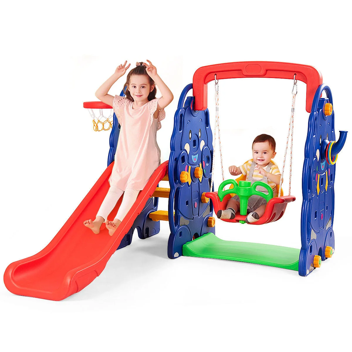 3-in-1 Junior Children Freestanding Design Climber Slide Swing Seat Basketball Hoop - Image 5